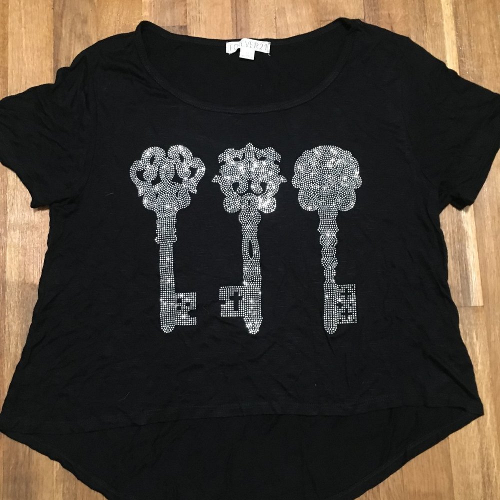 Womens Shiny Silver Rhinestone Key Shirt